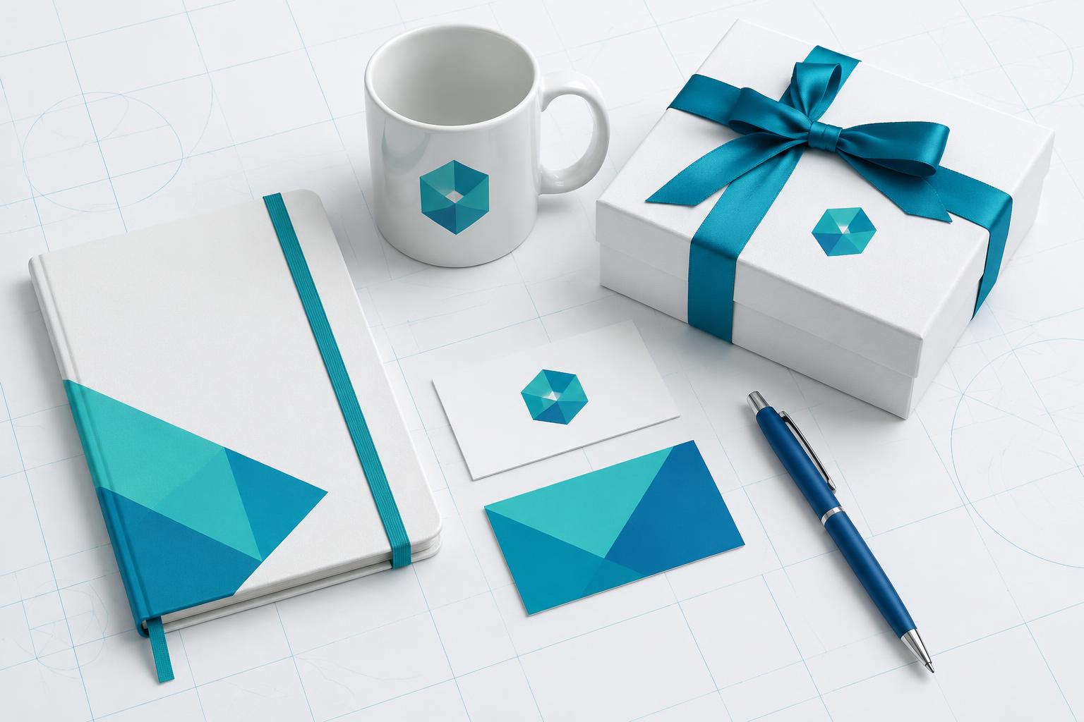 Branded merchandise gift set — mug, gift box, notebook and business cards in teal and blue